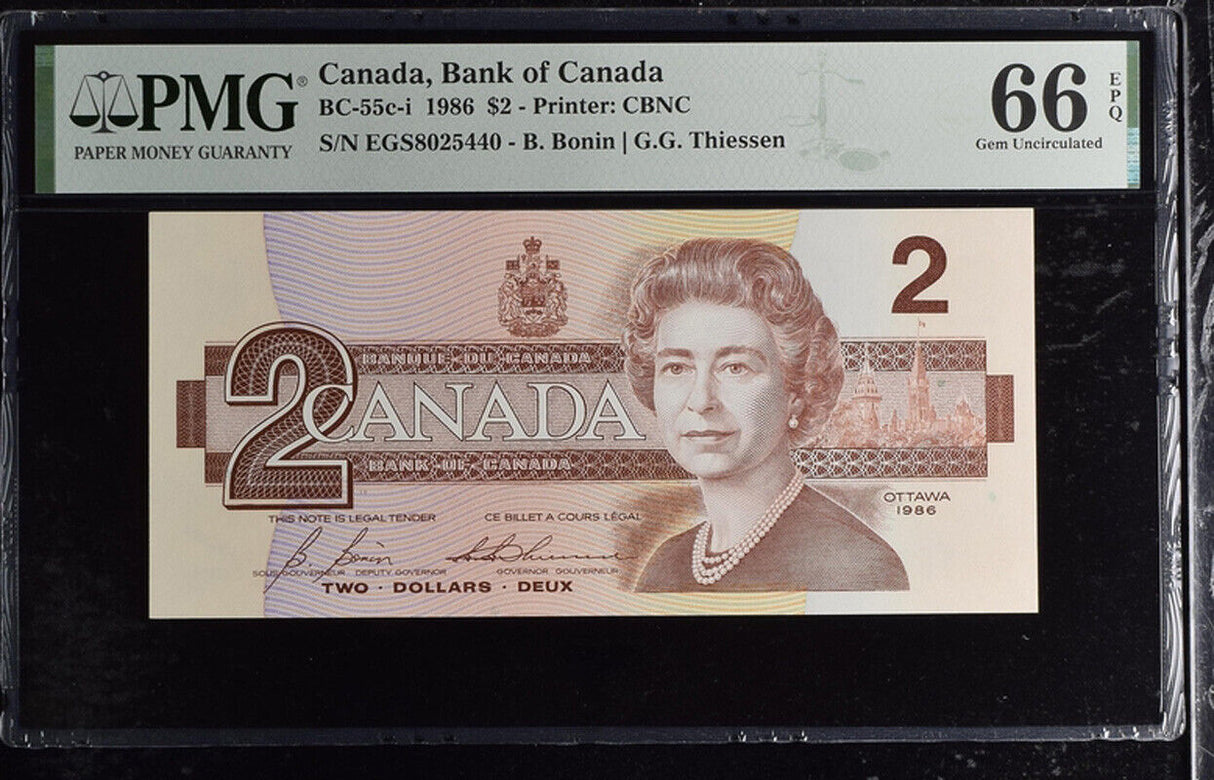 Canada 2 Dollars 1986 P 94 Bonin Thiessen BC-55c-i Gem UNC PMG 66 EPQ