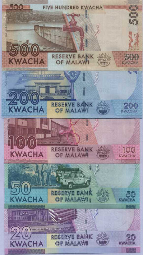 Malawi Set 5 PCS 20 50 100 200 500 Kwacha 2014-2019 P 60 63 64 65 66 UNC