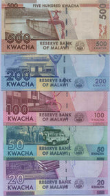 Malawi Set 5 PCS 20 50 100 200 500 Kwacha 2014-2019 P 60 63 64 65 66 UNC