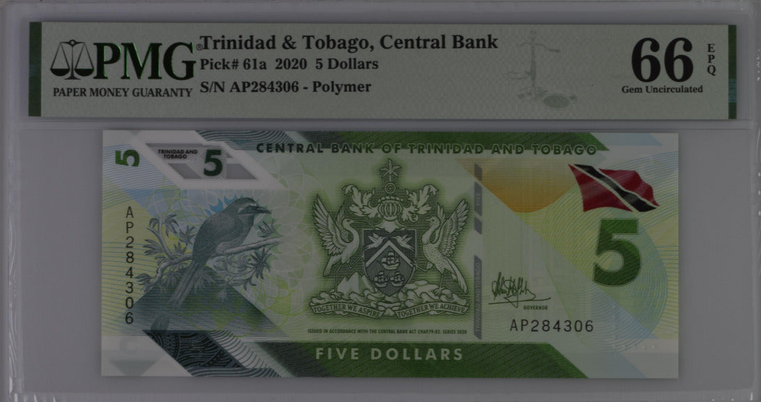 Trinidad & Tobago 5 Dollars 2020 P 61 a Gem UNC PMG 66 EPQ