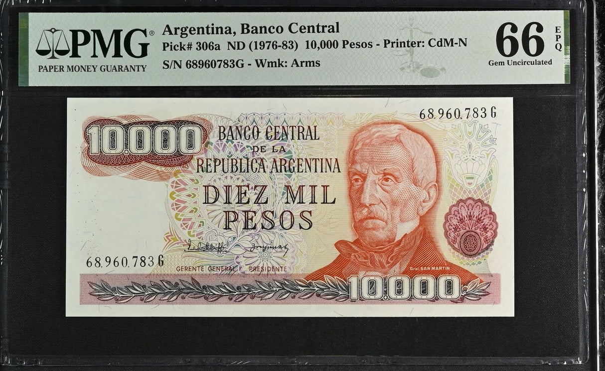Argentina 10000 Pesos 1976-1983 P 306 a Gem UNC PMG 66 EPQ