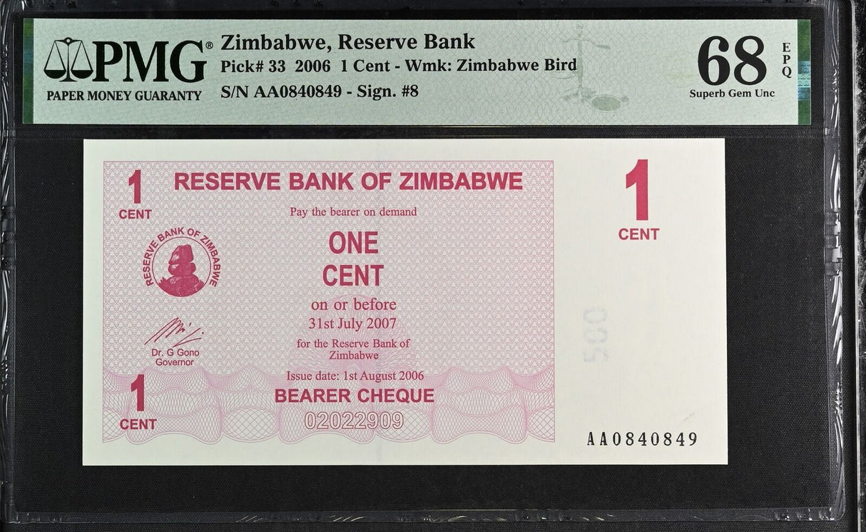 Zimbabwe 1 Cent 2006 P 33 Superb Gem UNC PMG 68 EPQ