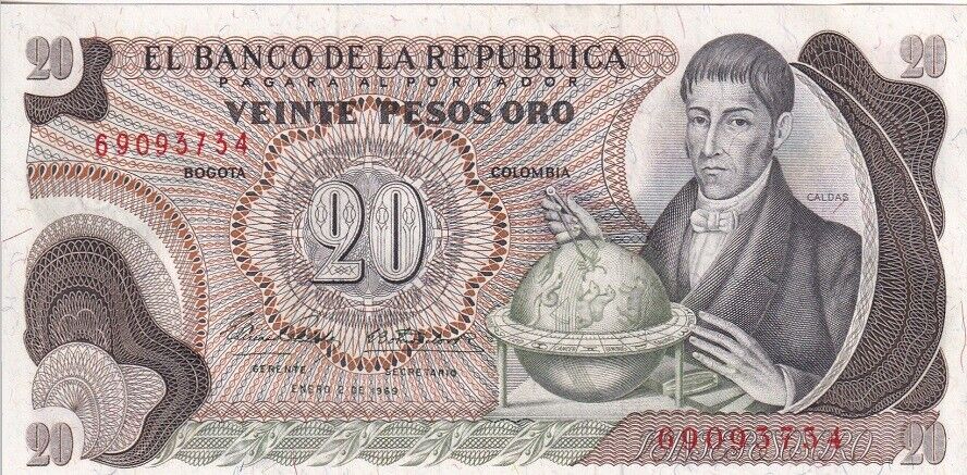 Colombia 20 Pesos 1966-1973 P 409 a UNC