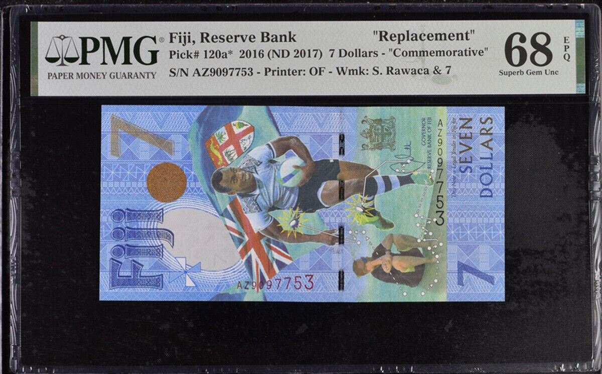 Fiji 7 Dollars 2016 ND 2017 P 120 a* Replacement Comm. Superb Gem UNC PMG 68 EPQ