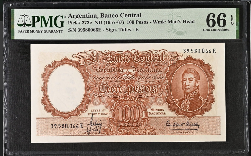 Argentina 100 Pesos ND 1957-67 P 272 c Gem UNC PMG 66 EPQ