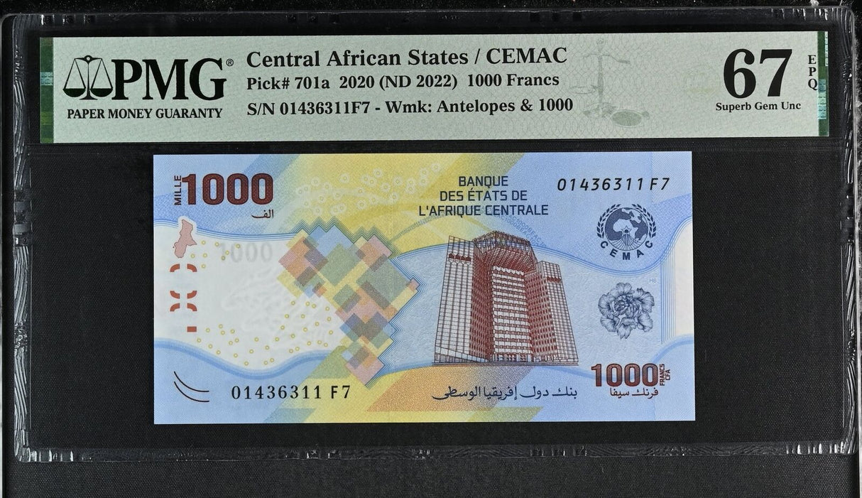 Central African States 1000 Francs 2020 ND 2022 P 701a Superb Gem UNC PMG 67 EPQ