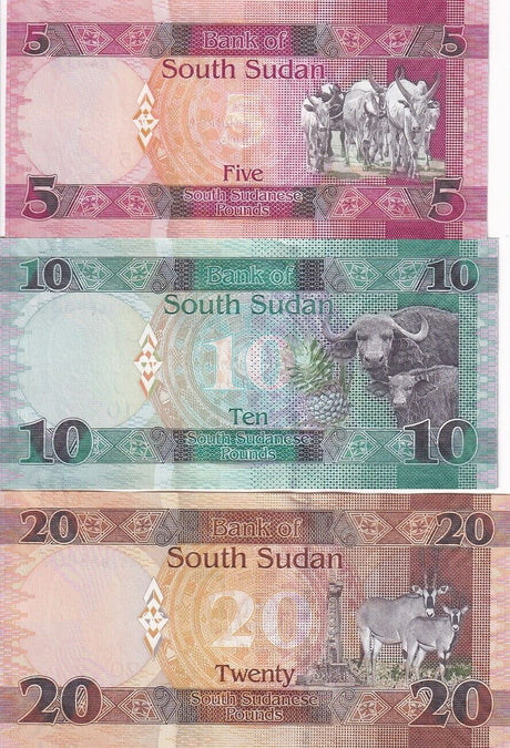 South Sudan Set 3 Pcs 5 10 20 Pounds Random date P 11 P 12 P 13 UNC