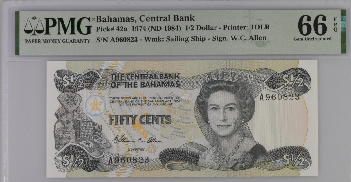 Bahamas 1/2 Dollars 1974/1984 P 42 a Gem UNC PMG 66 EPQ