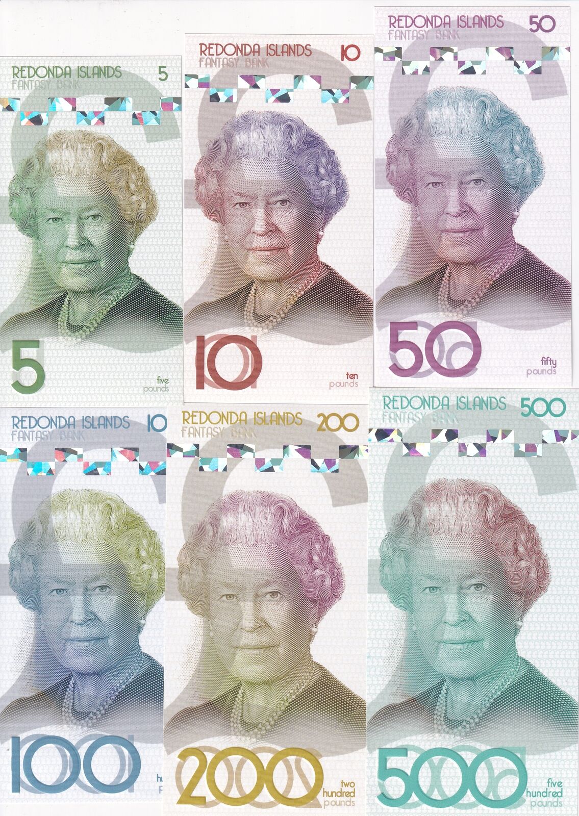 Redonda Islands Set 6 , 5 10 50 100 200 Pounds 2019 QEII Matching number FANTASY