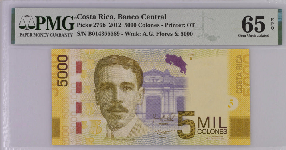 Costa Rica 5000 Colones 2012 P 276 b Gem UNC PMG 65 EPQ