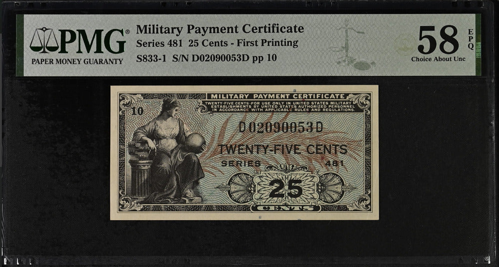 Military Payment Certificate 25 Cents MPC USA Series 481 Choice UNC PMG 58 EPQ