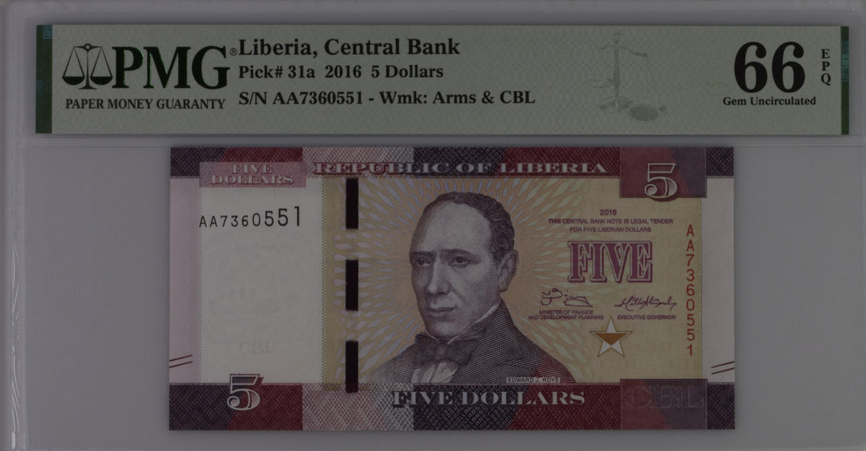 Liberia 5 Dollars 2016 P 31 a Gem UNC PMG 66 EPQ