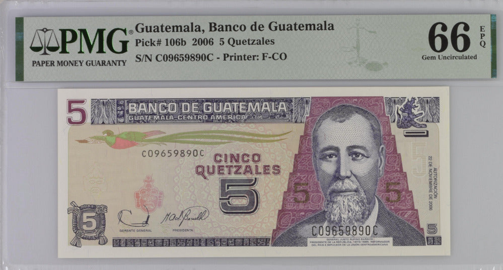 Guatemala 5 Quetzales 2006 P 106 b Gem UNC PMG 66 EPQ