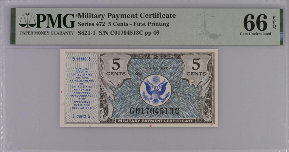 USA Military Payment Certificate 5 Cents MPC Series 472 Gem UNC PMG 66 EPQ