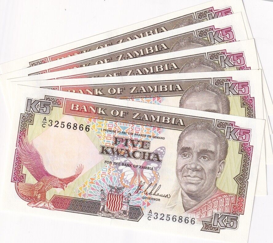 Zambia 5 Kwacha 1989 P 30 UNC LOT 5 PCS