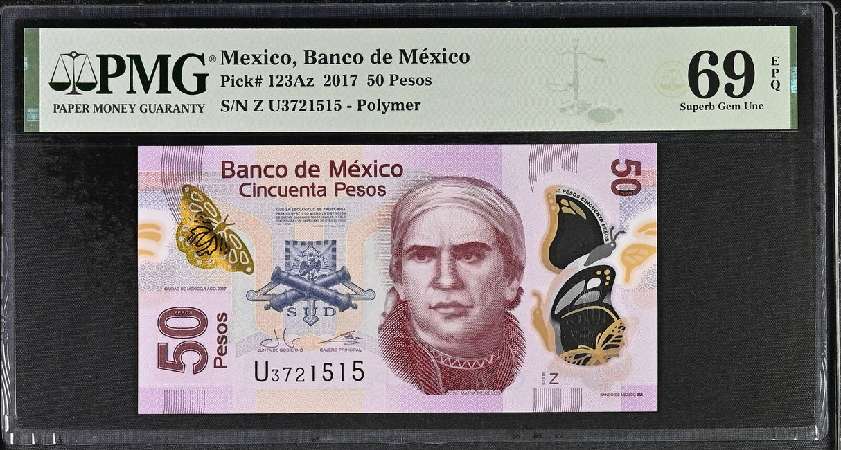 Mexico 50 Pesos 2017 P 123Az Series Z Polymer Superb Gem UNC PMG 69 EPQ TOP POP