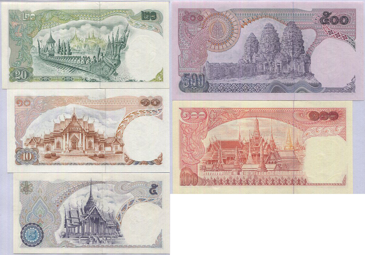 Thailand set 5 UNC 5 10 20 100 500 Baht ND 1969-1988 P 82 83 84 85 86