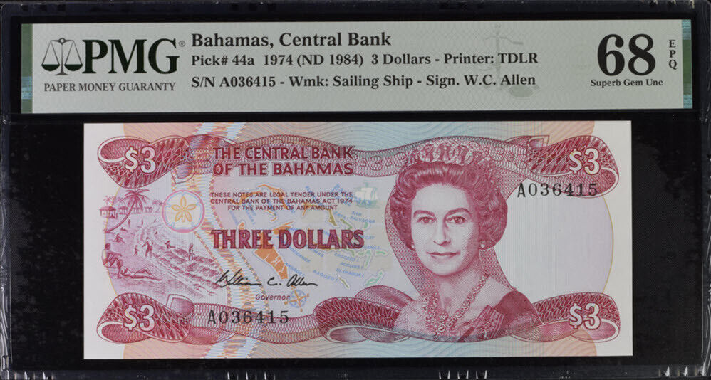 Bahamas 3 Dollars 1974 ND 1984 QE II P 44 a Superb Gem UNC PMG 68 EPQ