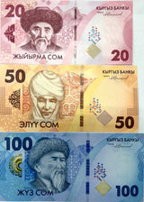 Kyrgyzstan set 3 UNC 20 50 100 Som 2023 / 2024 P NEW design Colorful
