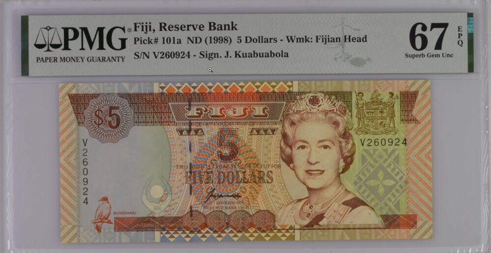 Fiji 5 Dollars ND 1998 P 101 a Superb GEM UNC PMG 67 EPQ Top Pop