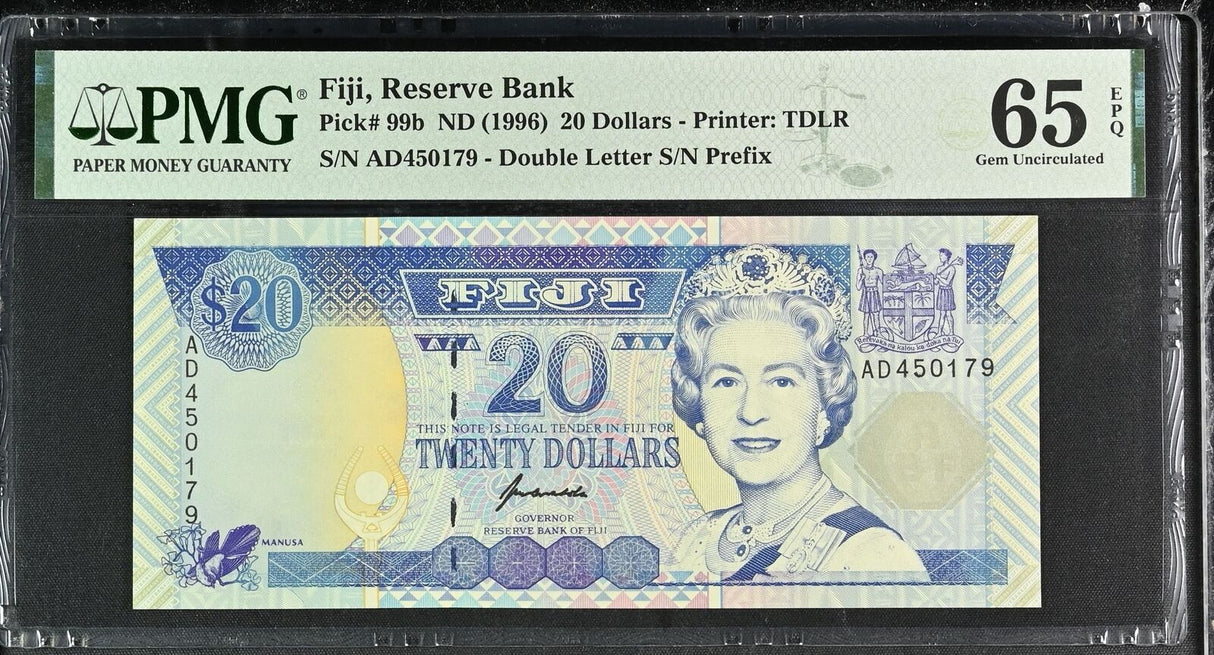 Fiji 20 Dollars ND 1996 P 99 b QE II Gem UNC PMG 65 EPQ