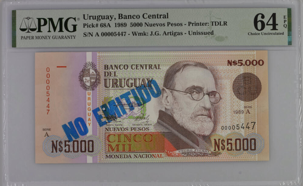 Uruguay 5000 Nuevos Pesos 1989 P 68A Choice UNC PMG 64 EPQ