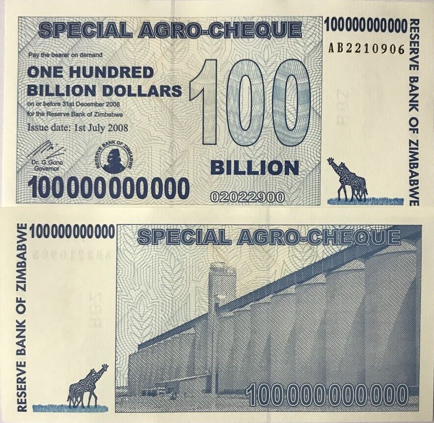 Zimbabwe 100 Billion Dollars 2008 Special Argo-Cheque P 64 UNC