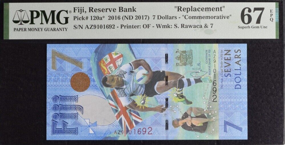 Fiji 7 Dollars 2016/2017 P 120 a* Replacement Comm. Superb Gem UNC PMG 67 EPQ