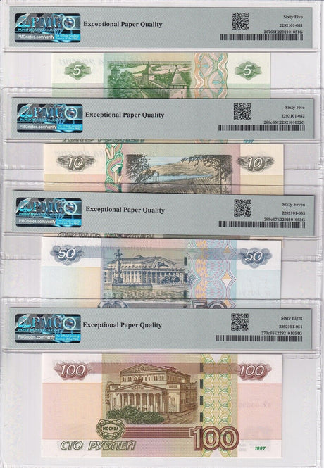 Russia Set 4; 5 10 50 100 Rubles 1997/2004 P 267- 270 Gem UNC PMG 65 67 68 EPQ