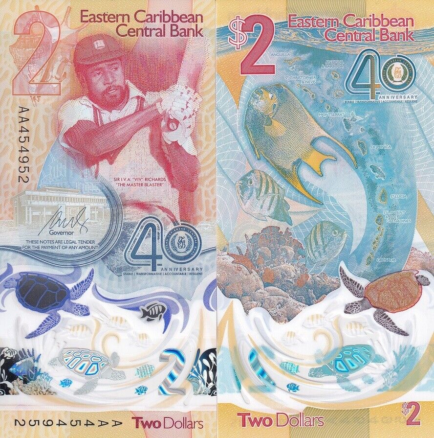 East Caribbean 2 Dollars 2023 2024 40th P 61 NEW Polymer AA Pefix UNC