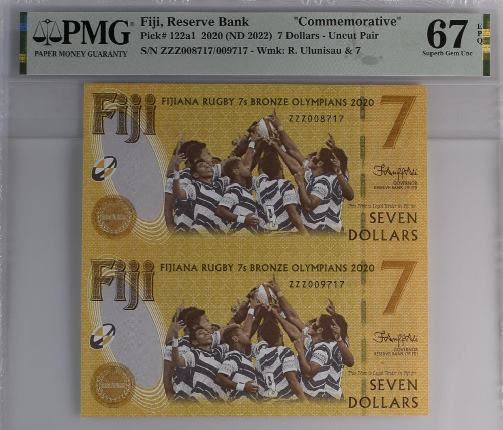 Fiji 7 Dollars 2020 / 2022 Comm. P 122 a1 Uncut Superb Gem UNC PMG 67 EPQ Top