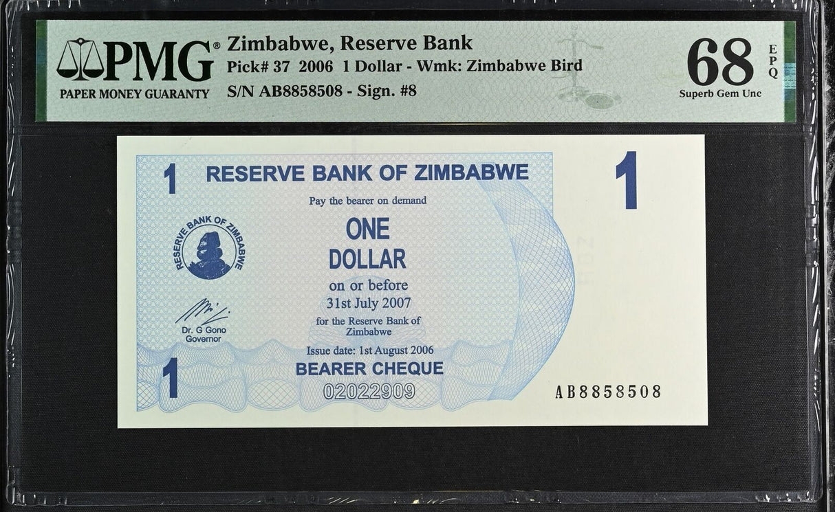 Zimbabwe 1 Dollar 2006 P 37 Superb Gem UNC PMG 68 EPQ TOP POP