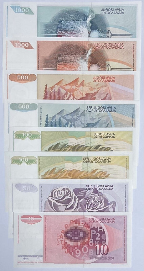 Yugoslavia Set 8 Pcs 10 50 100 500 1000 Dinara 1990-1991 P 103 - P 110 UNC