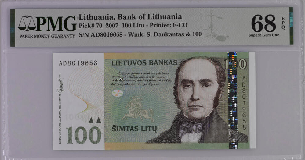 Lithuania 100 Litu 2007 P 70 Superb Gem UNC PMG 68 EPQ