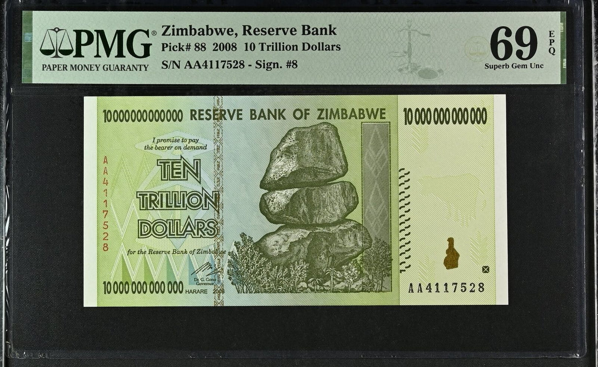 Zimbabwe 10 Trillion Dollars 2008 P 88 Superb Gem UNC PMG 69 EPQ