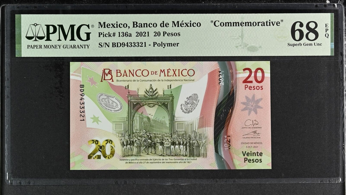 Mexico 20 Pesos 2021 P 136 a Comm. Superb Gem UNC PMG 68 EPQ