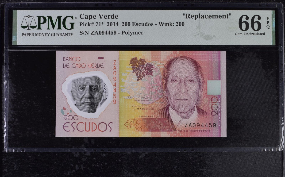 Cape Verde 200 Escudos 2014 P 71* Replacement ZA Prefix Gem UNC PMG 66 EPQ