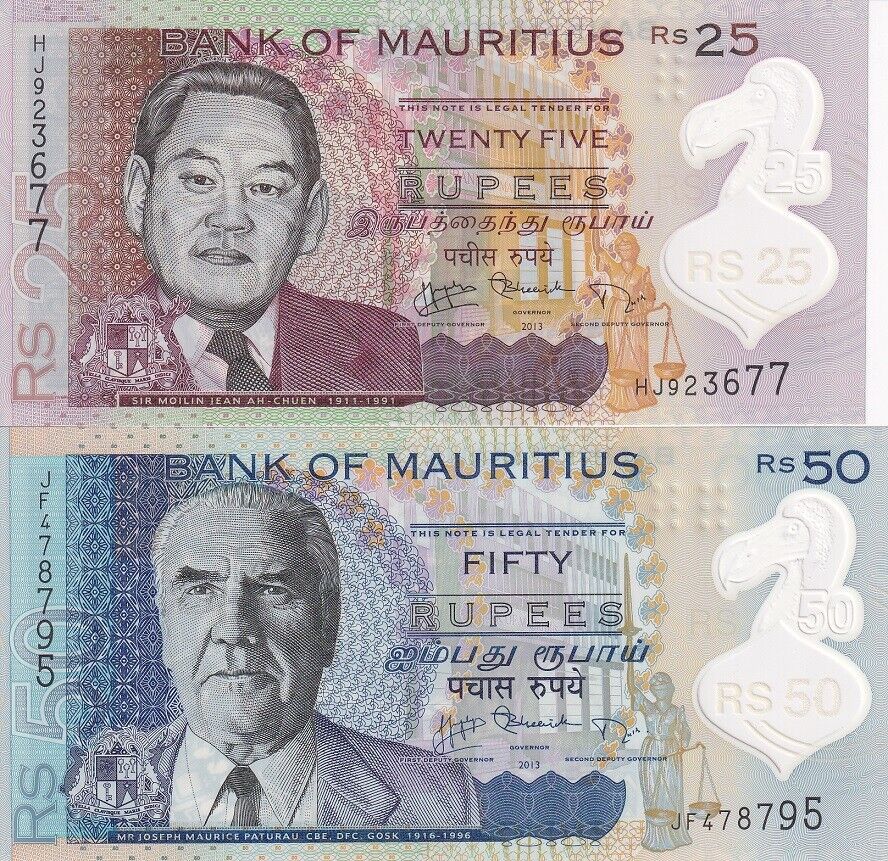 Mauritius Set 2 PCS 25 50 Rupees 2013 Polymer P 64 P 65 UNC