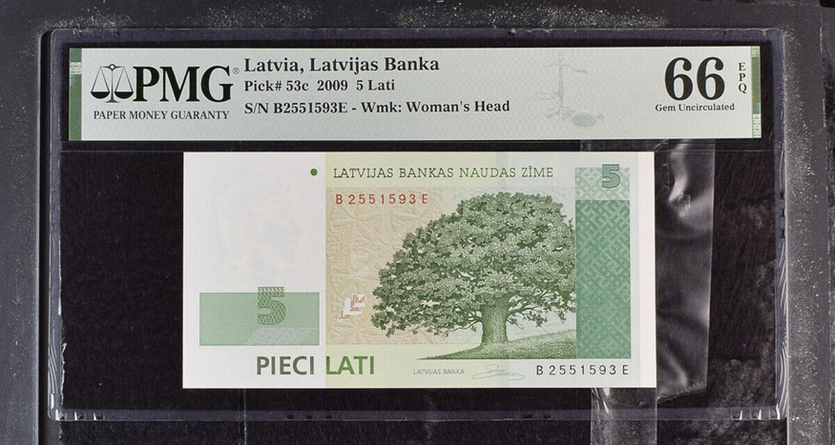 Latvia 5 Lati 2009 P 53 c Gem UNC PMG 66 EPQ