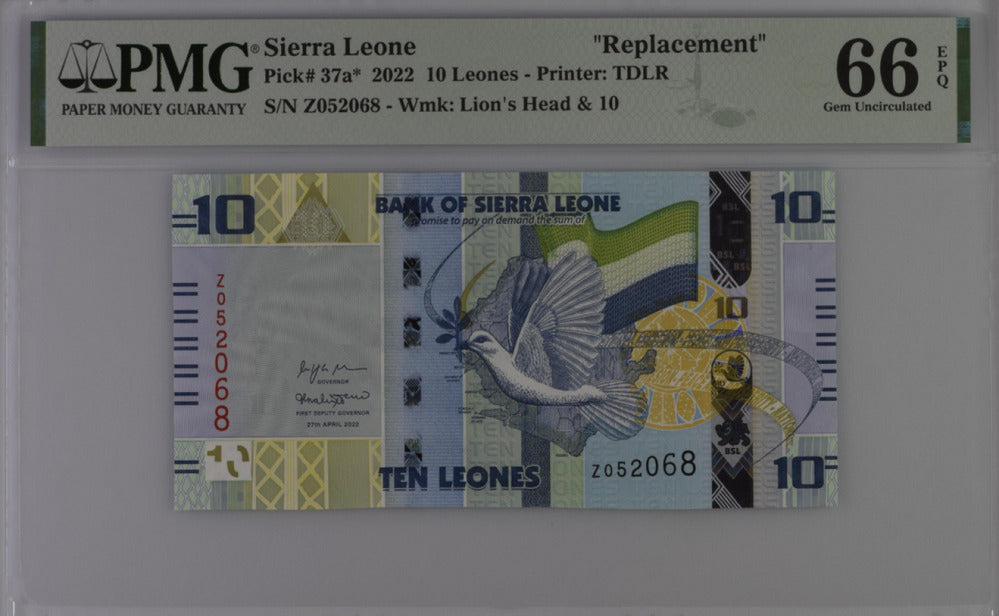 Sierra Leone 10 Leones 2022 P 37 a* Replacement Gem UNC PMG 66 EPQ