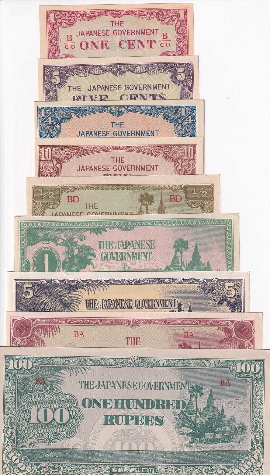 Burma Japanese Set 9 PCS 1 5 10 Cent 1/4 1/2 1 5 10 100 Rupees 1944 AUnc