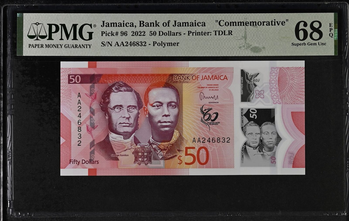 Jamaica 50 Dollars 2022 P 96 Comm. AA Prefix Superb Gem UNC PMG 68 EPQ