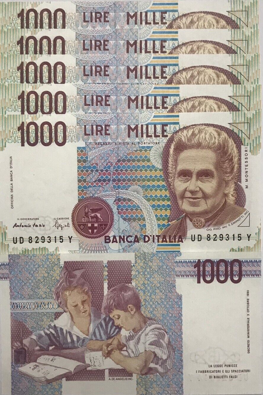 Italy 1000 Lire 1990 P 114 b UNC LOT 5 PCS