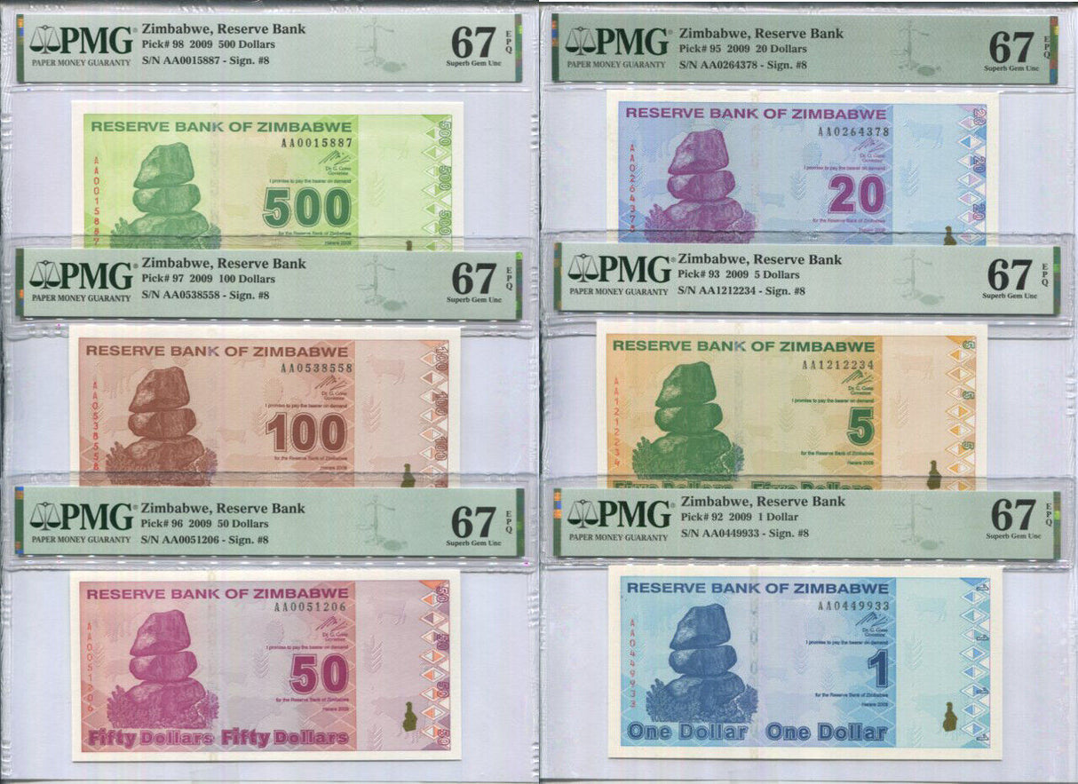 Zimbabwe Set 6, 1 5 20 50 100 500 Dollars 2009 P 92-98 Superb Gem UNC PMG 67 EPQ