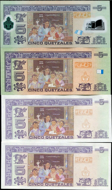GUATEMALA SET 4 PCS OF 5 QUETZALES 2006 2007 2008 2010 P 106 116 NEW UNC