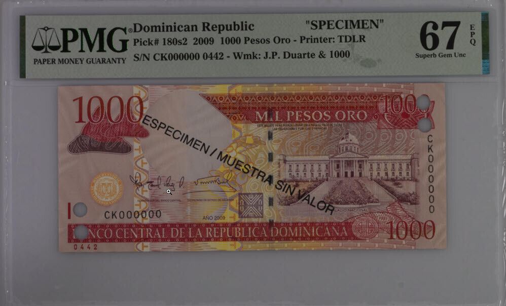 Dominican Republic 1000 Pesos 2009 P 180s2 SPECIMEN Superb Gem UNC PMG 67 EPQ