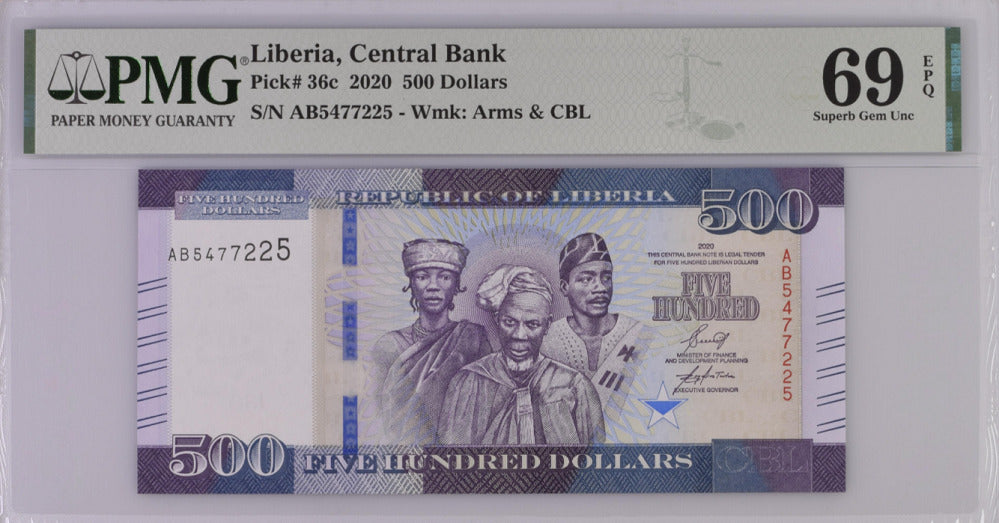 Liberia 500 Dollars 2020 P 36 c Superb Gem UNC PMG 69 EPQ Top Pop