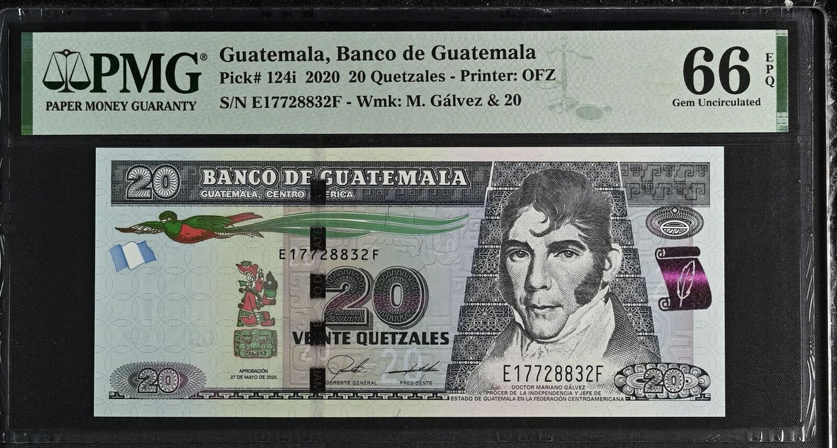 Guatemala 20 Quetzales 2020 P 124 i Gem UNC PMG 66 EPQ