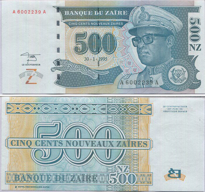 Zaire 500 Nouveaux 1995 P 65 UNC