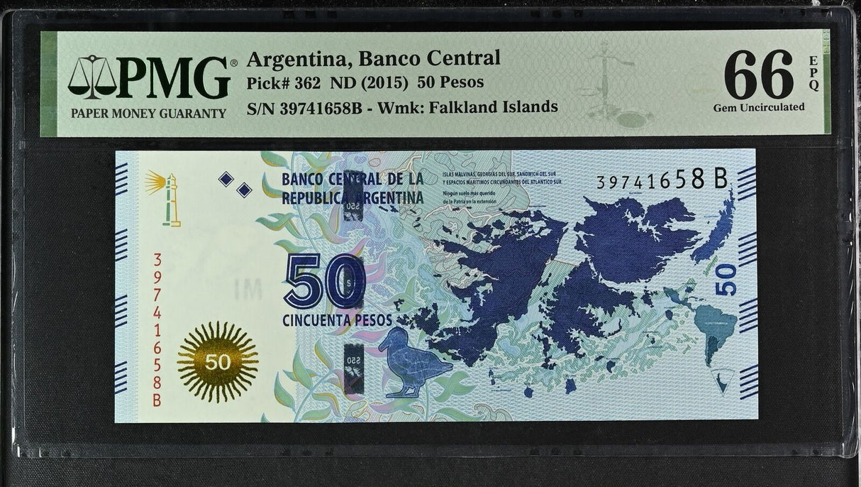 Argentina 50 Pesos 2015 P 362 Gem UNC PMG 66 EPQ